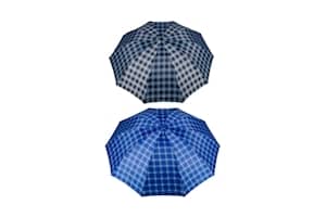 KEKEMI 3 Fold Windproof Check Blue Umbrella